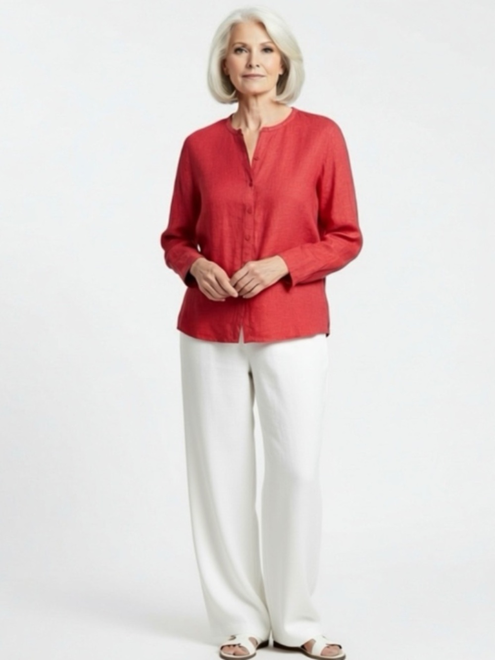 Eileen Fisher 100% Irish Linen Tunic L Red-Orange Pintuck Long Sleeve Lagenlook